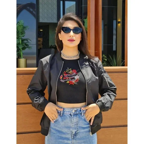 Women's Bomber Jacket Casual Coat Zip Up Pockets Lightweight Fall Spring